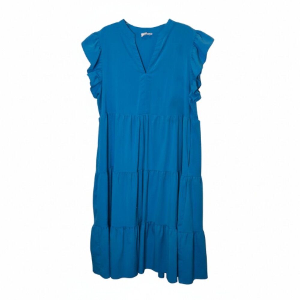 Entro Blue Tiered Babydoll Midi Dress XL Ruffle Sleeve Boho Cottagecore Dress